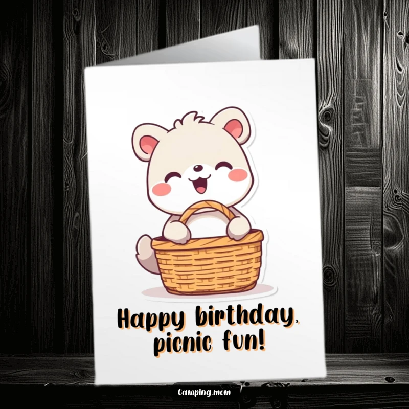 Funny Free Printable Birthday Card: Delighted animal character beaming while unpacking a picnic basket, ready for a celebration.