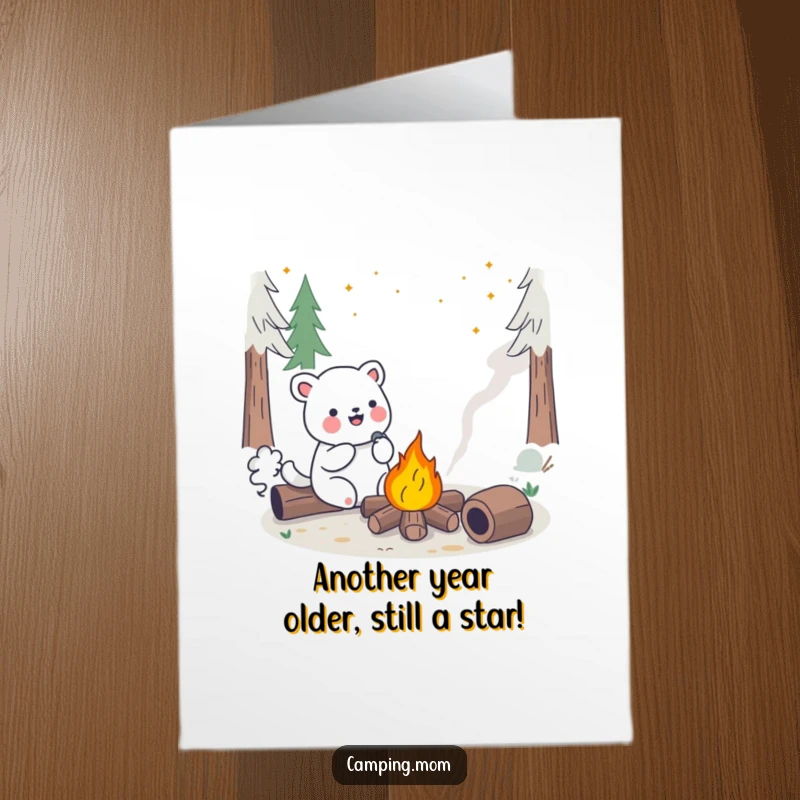 Funny Free Printable Birthday Card: Kawaii animal joyfully sings by a vibrant, cheerful campfire. Perfect for celebrations.