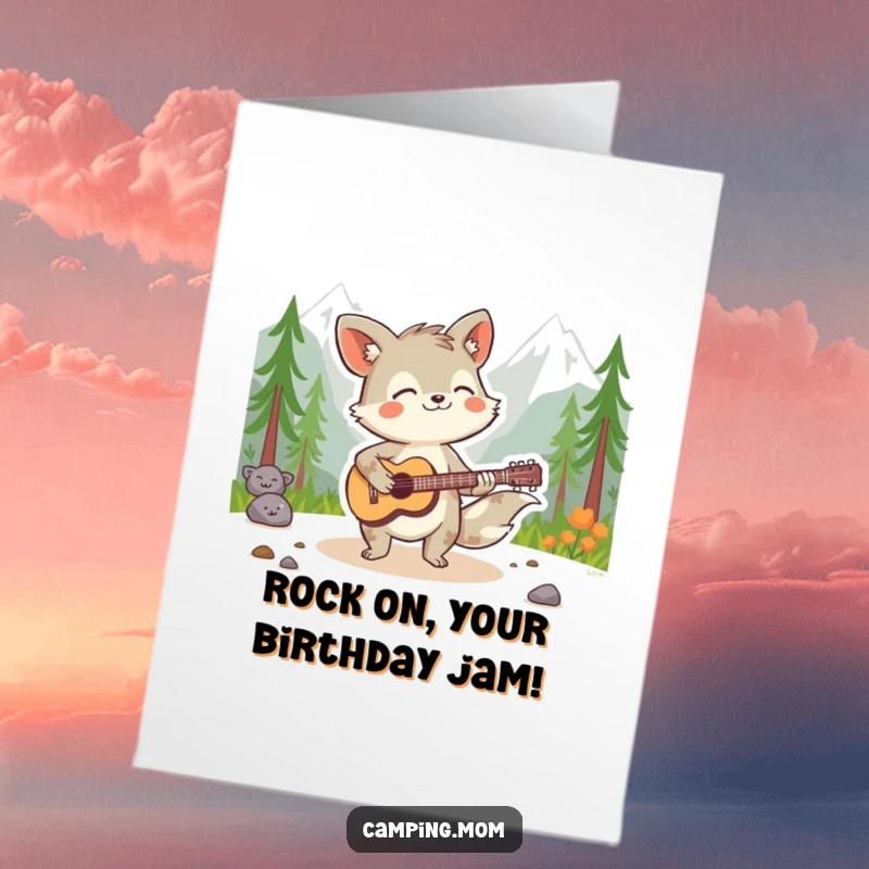 Funny Free Printable Birthday Card: Spirited animal character jamming on a guitar in a beautiful wilderness setting, ready to party.