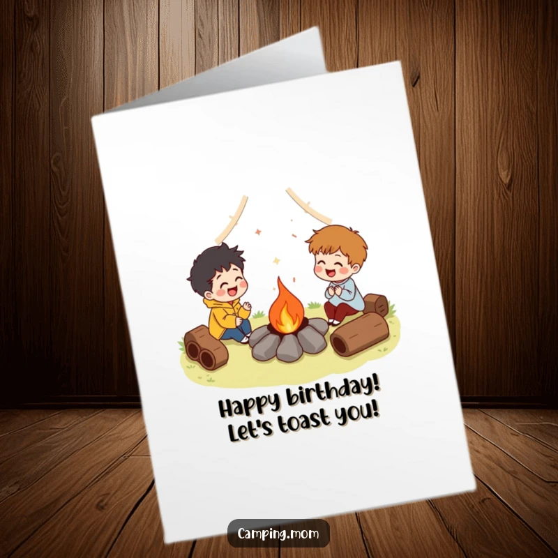 Funny Free Printable Birthday Card: Friends laugh around a campfire, celebrating your birthday with warmth and joy.