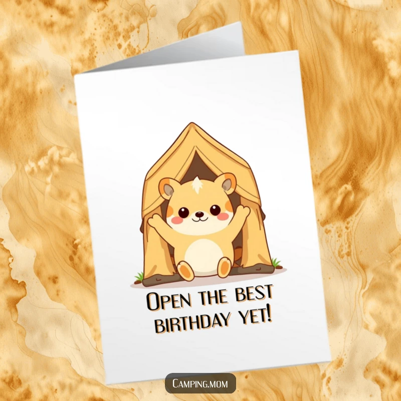 Funny free printable birthday card: camping animal cheerfully waving a tent flap open, inviting a joyful celebration.