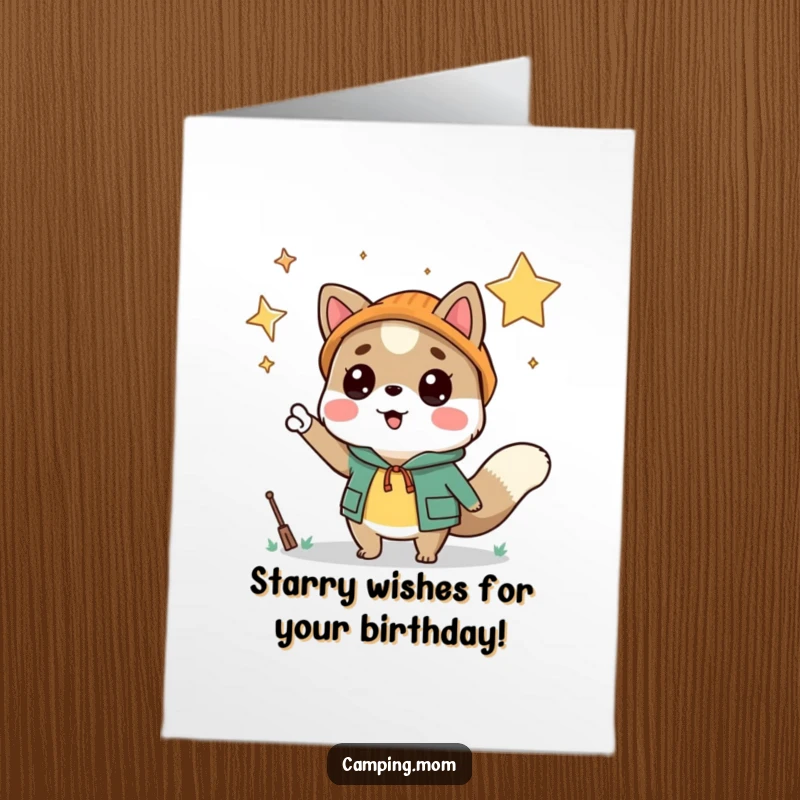 Funny free printable birthday card: camping animal excitedly pointing at a vast, starry night sky, full of wonder.