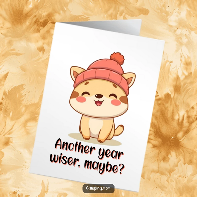 Funny Free Printable Birthday Card featuring an adorable camping animal wearing a cozy beanie, smiling cheerfully for a happy celebration.