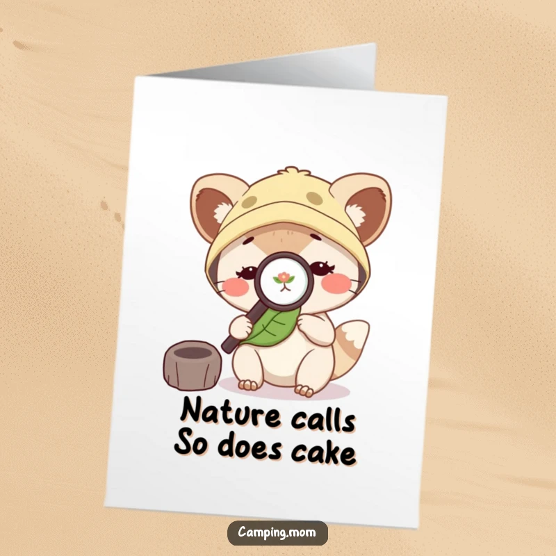 Funny Free Printable Birthday Card of a camping mom animal using a magnifying glass to inspect a tiny green leaf with a curious expression.