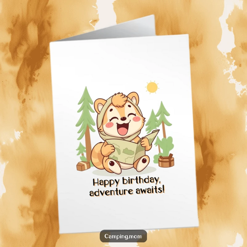Funny Free Printable Birthday Card: Camping mom animal laughing hysterically while struggling to unfold a map.