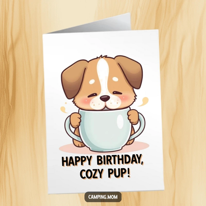 Funny Free Printable Birthday Card: Dog sips contentedly from a steaming mug with closed eyes.
