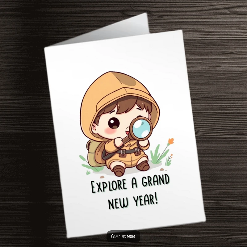 Funny Free Printable Birthday Card: Kawaii camper peering through a magnifying glass with wonder, exploring for a birthday surprise, ready to print.