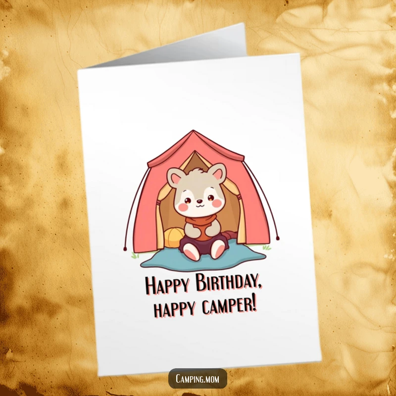 Funny Free Printable Birthday Card: A cheerful camping mom animal character happily assembling a vibrant, colorful tent.