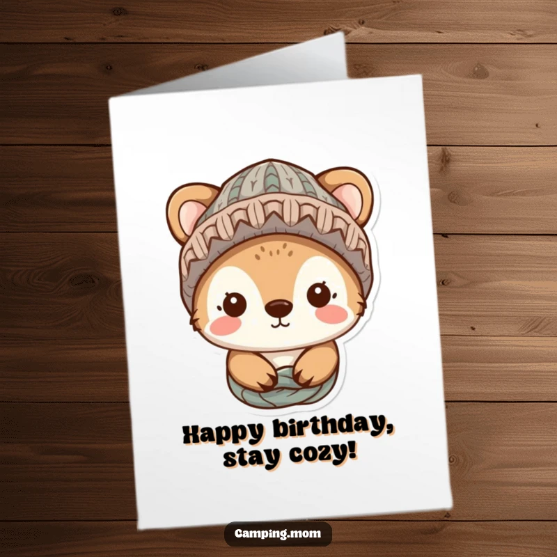 Funny Free Printable Birthday Card: Adorable animal character in a knitted hat, looking exceptionally cozy and content.