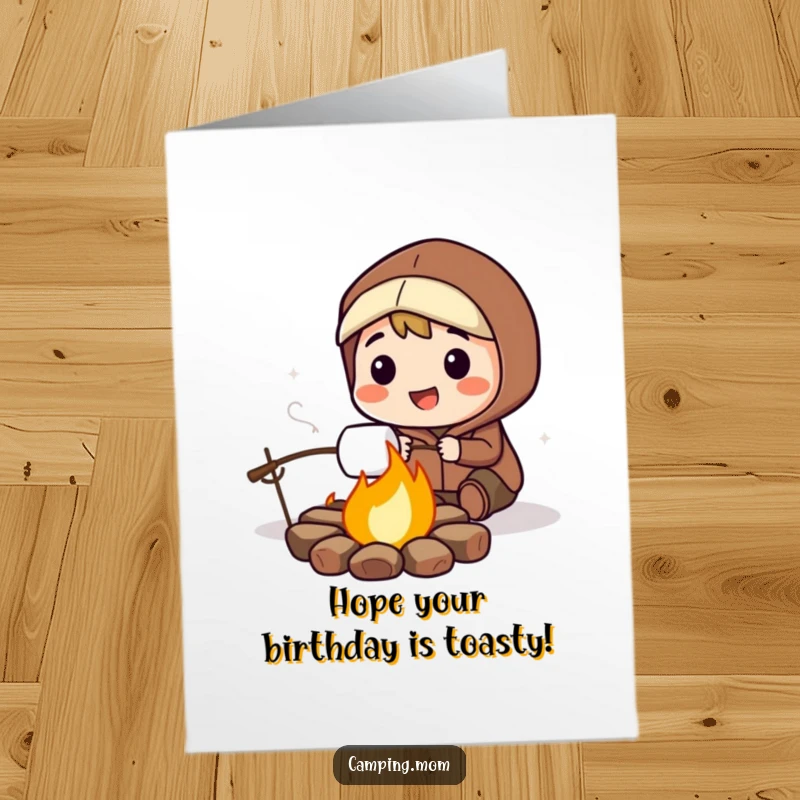 Funny Free Printable Birthday Card of a smiling camper joyfully roasting a marshmallow over a cozy, crackling campfire.