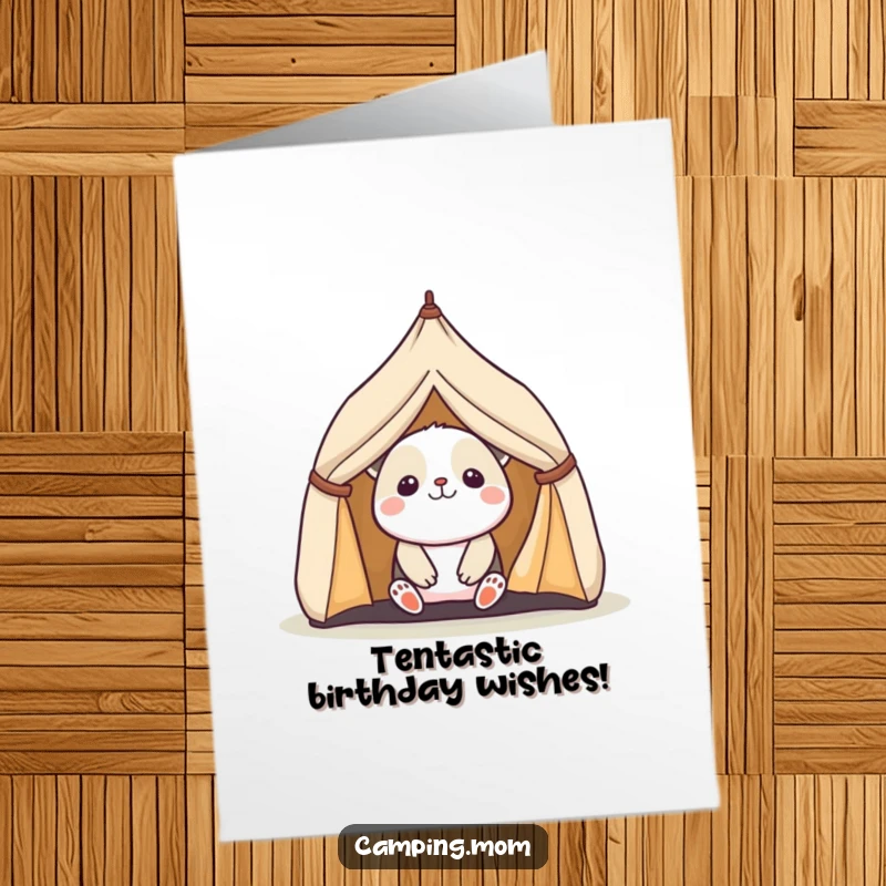Funny Free Printable Kawaii camping animal peeking with pure joy from a tiny tent, perfect for a birthday card.