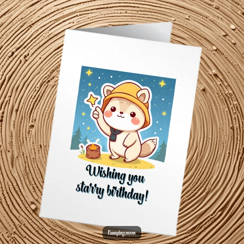 Funny Free Printable Kawaii camping animal pointing gleefully at a vast starry night sky for a birthday card.