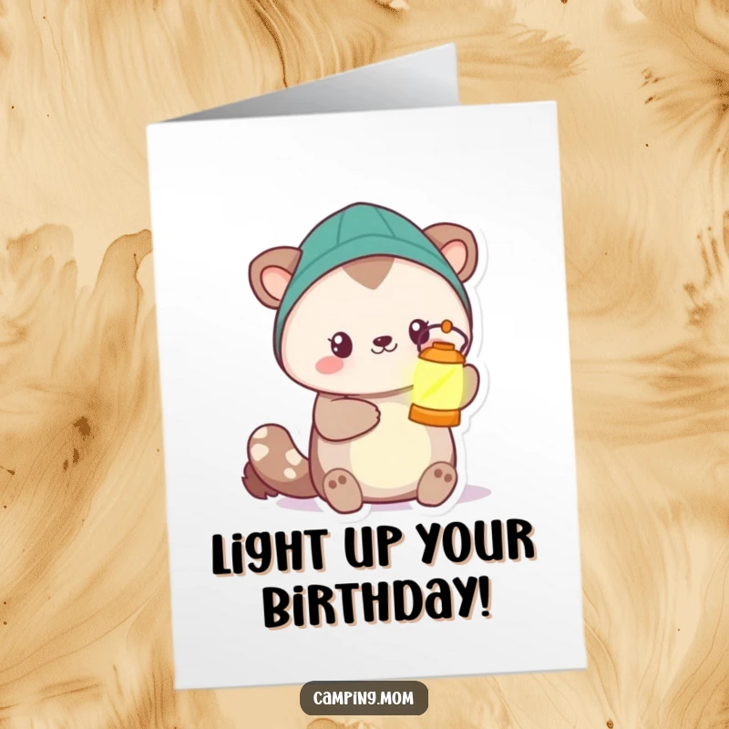 Funny free printable birthday card: camping animal offering a softly glowing lantern, representing warmth and celebration.