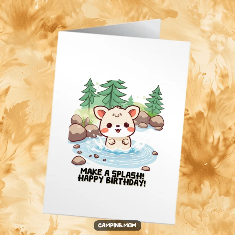 Joyful Free Printable Kawaii camping animal gleefully splashing in a tiny stream, celebrating a birthday.