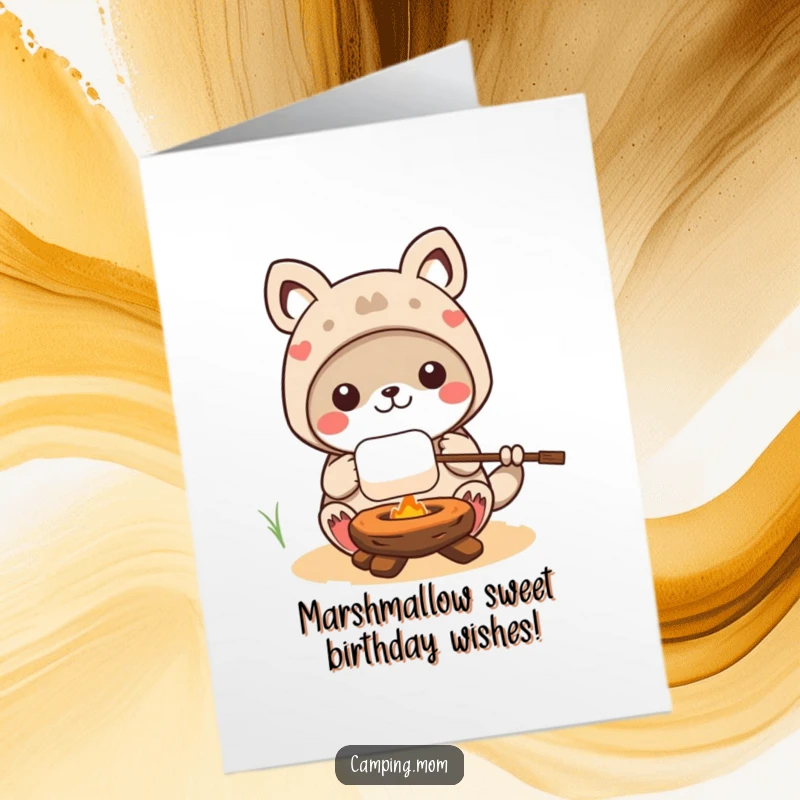 Funny free printable birthday card: kawaii camping animal character happily roasting a gooey marshmallow on a stick.