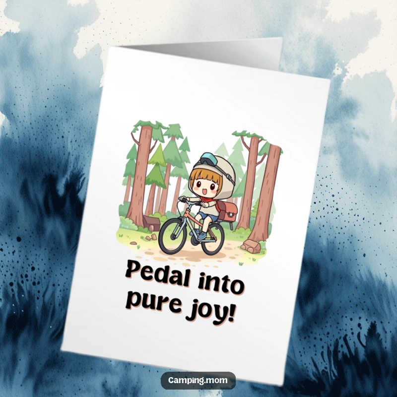 Funny Free Printable Birthday Card: A joyful kawaii camper cycling fast on a forest path, celebrating a birthday, ready to print.