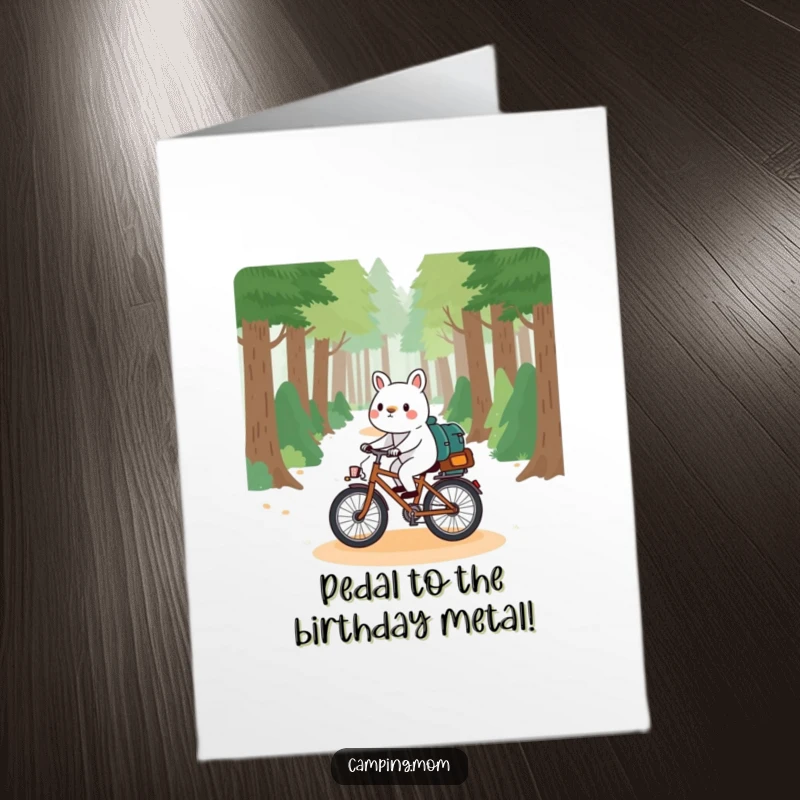 Funny Free Printable Birthday Card: a playful camping animal character happily riding a bicycle down a scenic forest path.