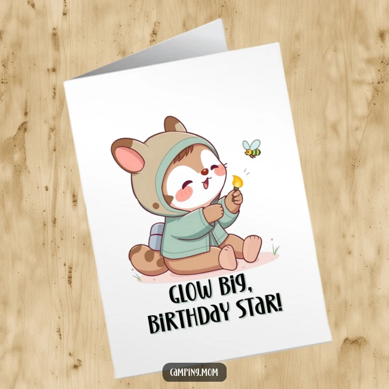 Funny Free Printable Birthday Card: Camping mom animal joyfully swats at a friendly firefly, embodying playful birthday energy.