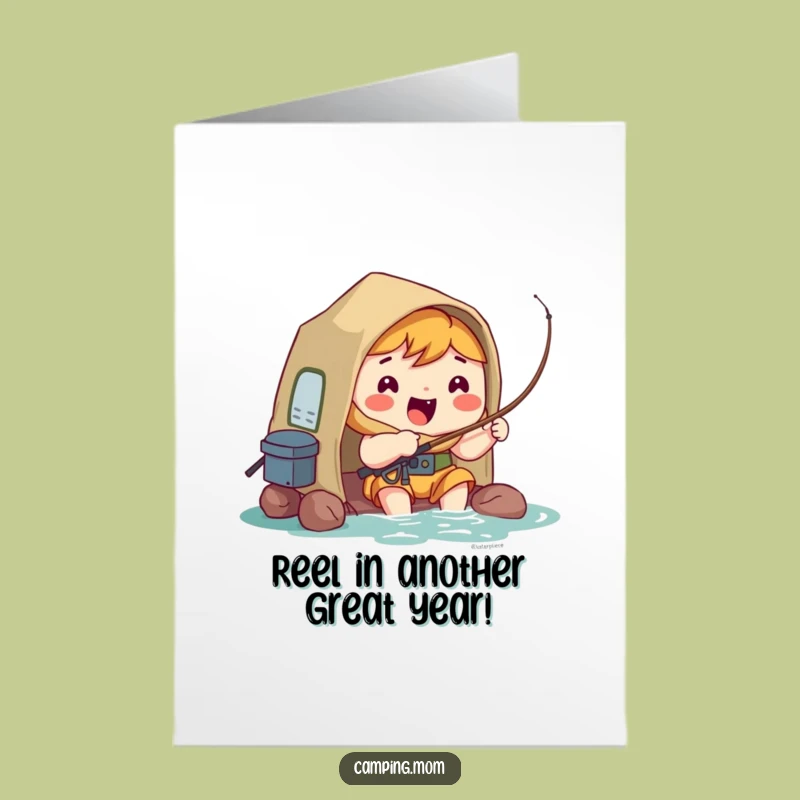Funny Free Printable Birthday Card: Kawaii Camper Fishing for Fun!