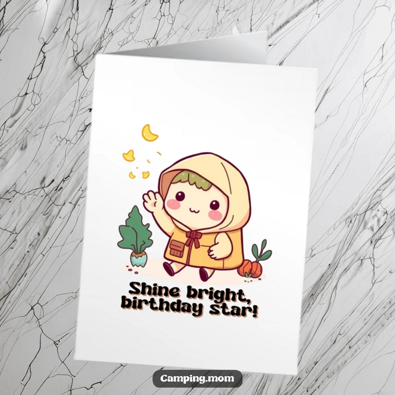 Funny Free Printable Birthday Card: Kawaii camper waving goodbye to twinkling fireflies, wishing a happy birthday, ready to print.
