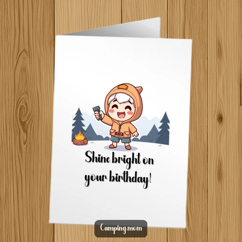 Funny Free Printable Birthday Card: A happy camper strikes a dramatic pose, illuminating the scene with a powerful flashlight beam.