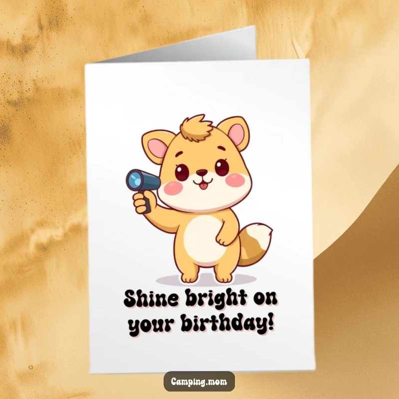 Funny Free Printable Birthday Card: Playful animal holding a flashlight, pointing upwards with curiosity, a great birthday downloadable.