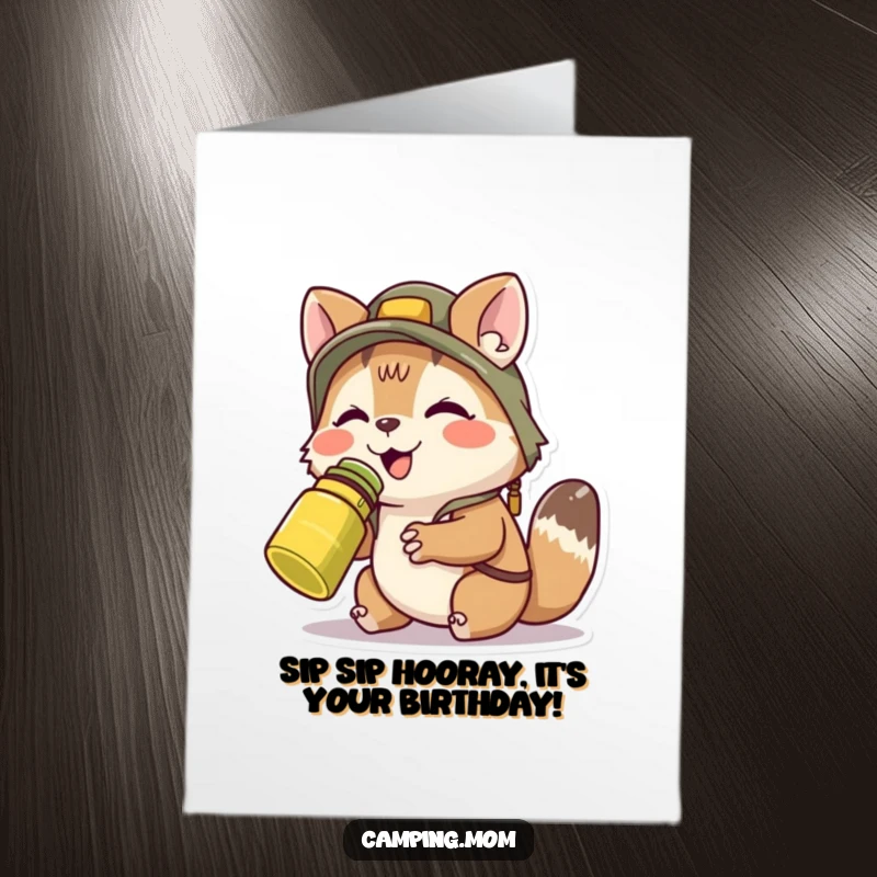 Funny free printable birthday card: camping animal joyfully sipping from a canteen, celebrating with a refreshing drink.