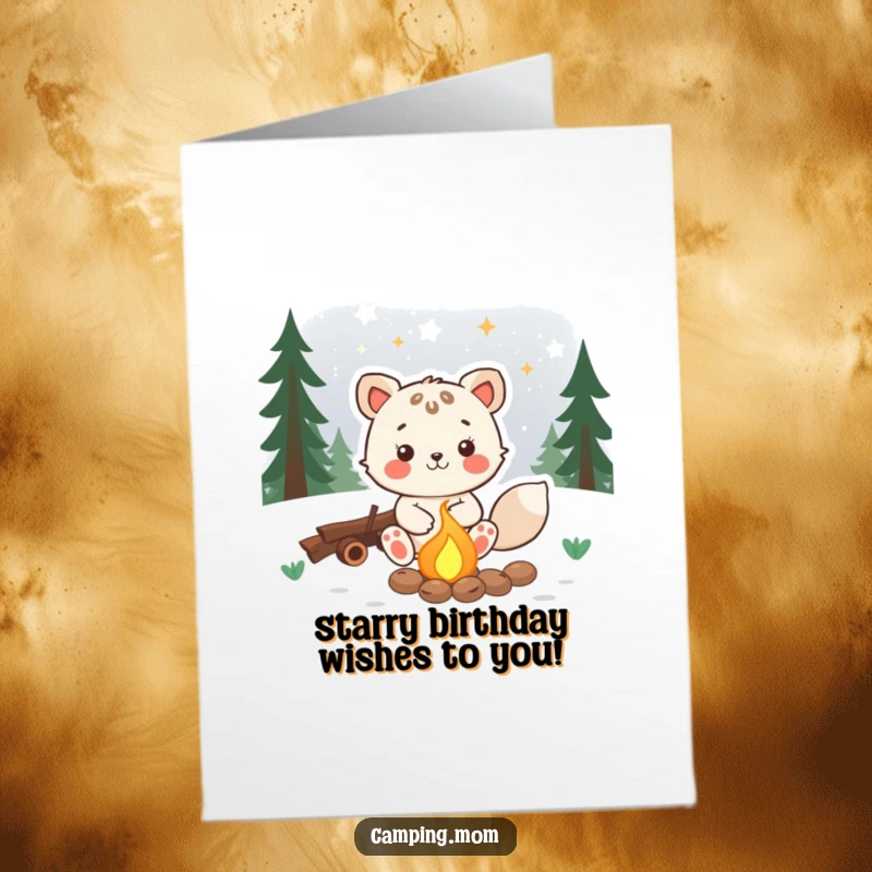 Funny Free Printable Birthday Card: Joyful animal by a campfire gazes at stars, wishing a happy birthday, a downloadable.