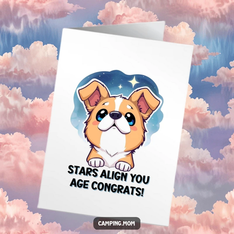 Funny free printable birthday card shows a dog with wide eyes gazing at a starry night sky, wishing.
