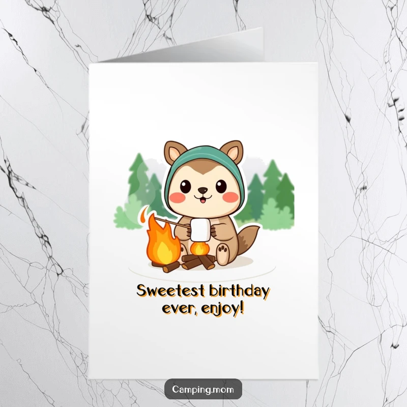 Funny Free Printable Birthday Card showing a camping animal proudly displaying a perfectly toasted campfire marshmallow, celebrating with sweet joy.