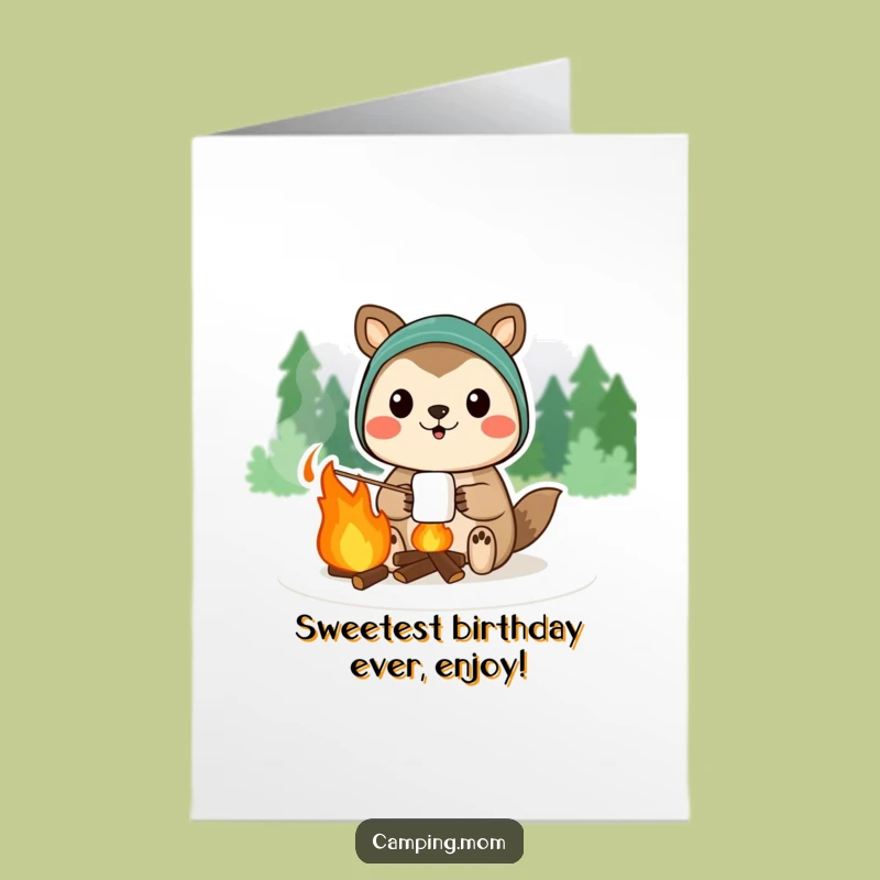 Free Printable Birthday Card: Marshmallow Loving Camping Animal Funny Gift