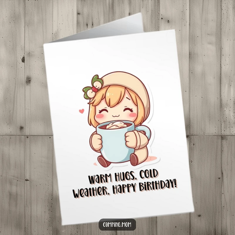 Funny Free Printable Birthday Card: Cozy character sips hot cocoa, radiating warmth and wishing a happy birthday.