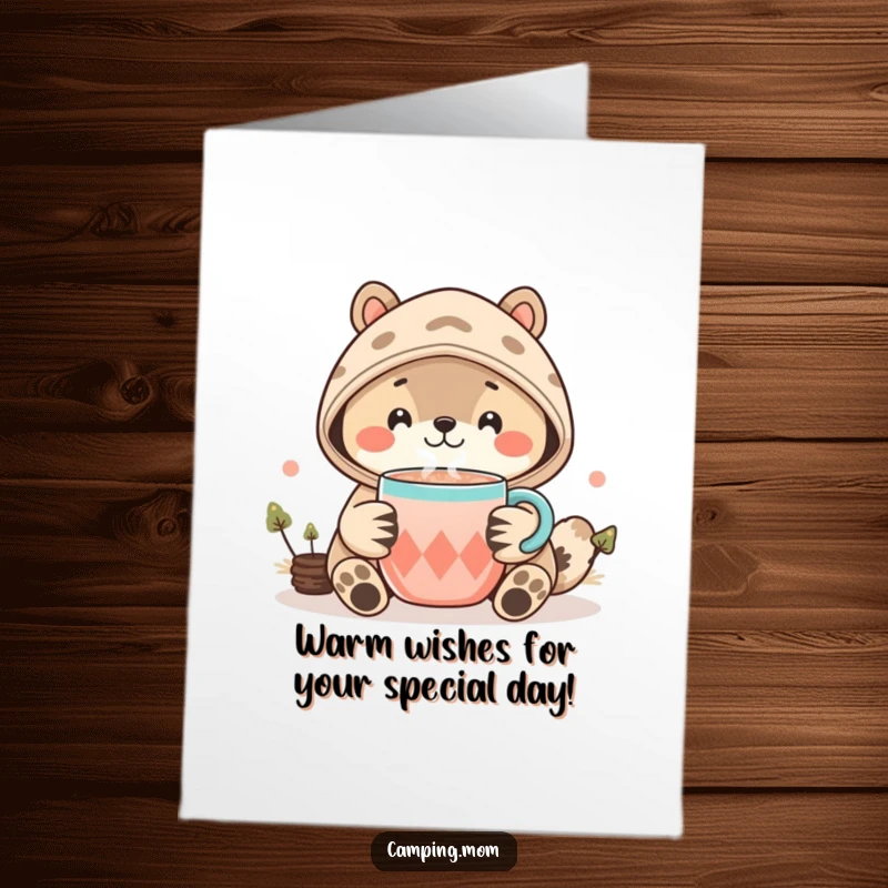 Funny Free Printable Birthday Card: Kawaii animal smiles warmly, offering a steaming cup of cocoa. Perfect for cozy celebrations.