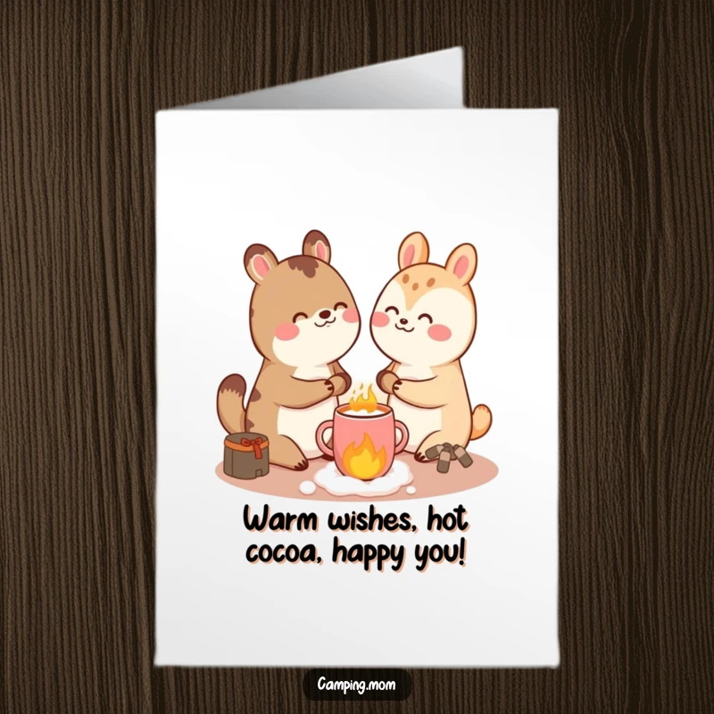 Funny Free Printable Birthday Card: Giggling animal character happily sharing hot cocoa by a warm, cozy stove.