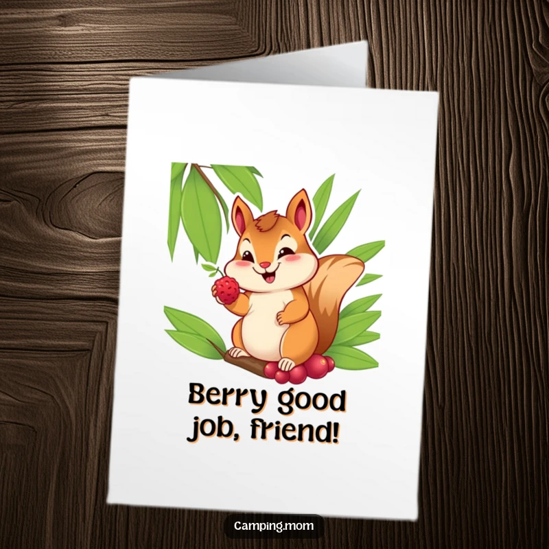 Funny Free Printable Congratulations Card showing a cheerful chipmunk offering a berry with a sweet smile, celebrating success.