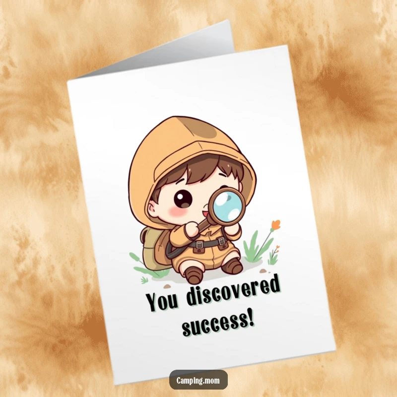 Funny Free Printable Congratulations Card: Kawaii camper excitedly examining something with a magnifying glass, celebrating a discovery, perfect for congrats.