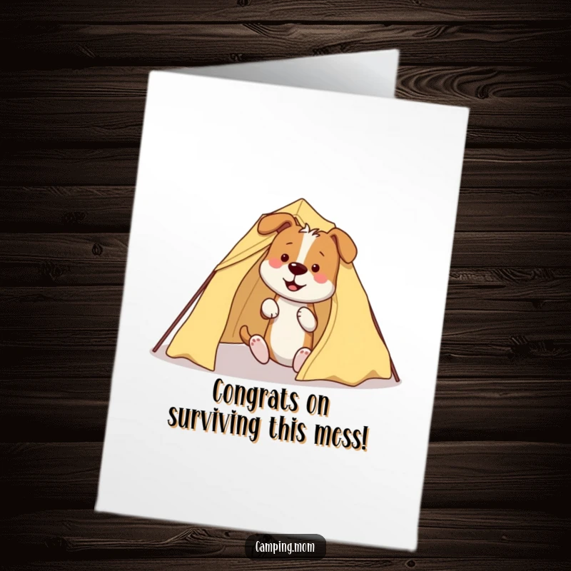 Funny free printable congratulations card showing a dog hilariously failing to set up a tent with tangled poles.