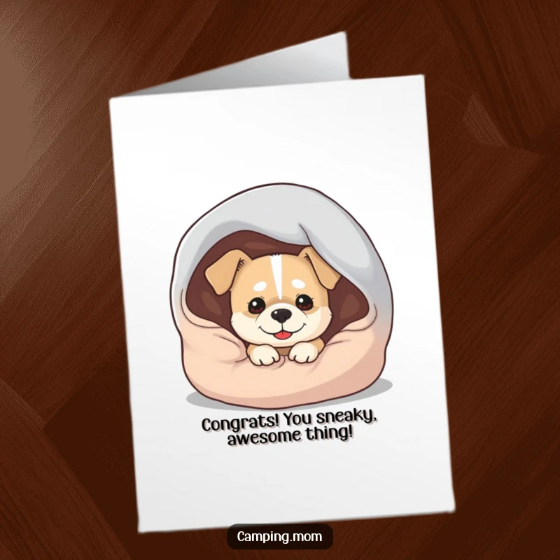 Funny free printable congratulations card with a dog peeking slyly from under a sleeping bag, grinning.
