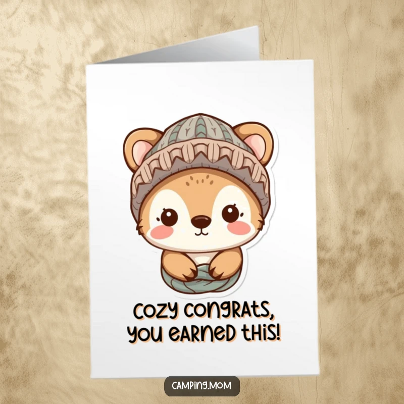 Funny Free Printable Congratulations Card: Cute animal character sporting a knitted hat, radiating cozy vibes and good wishes.