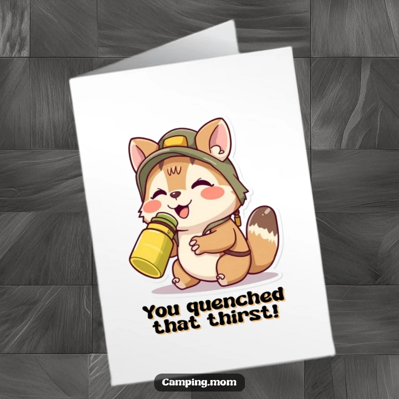 Funny free printable congratulations card: camping animal joyfully sipping from a canteen, toasting to achievement.