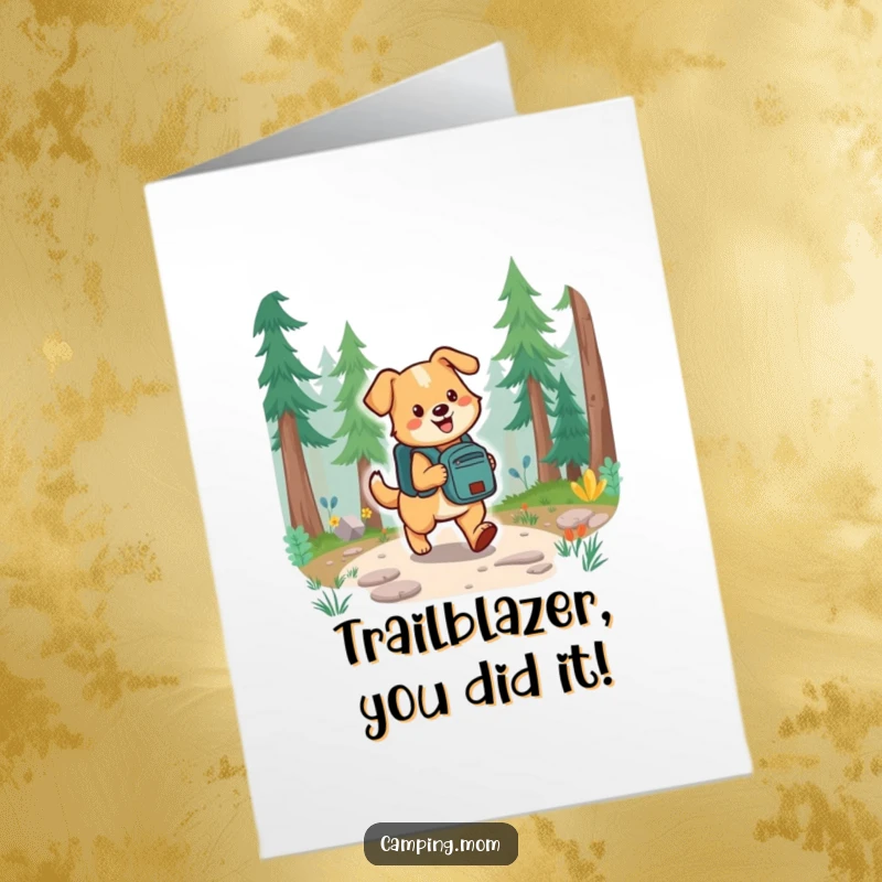 Funny Free Printable Congratulations Card: Dog with backpack celebrates a trail success with pure joy.
