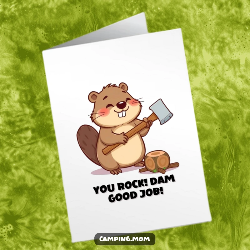 Funny Free Printable Congratulations Card showing a giggling beaver with an axe, energetically ready to chop a log, symbolizing accomplishment.