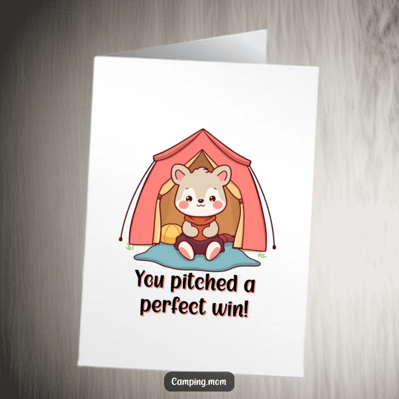 Funny Free Printable Congrats Card: A happy camping mom animal character proudly surveys their newly set-up colorful tent.