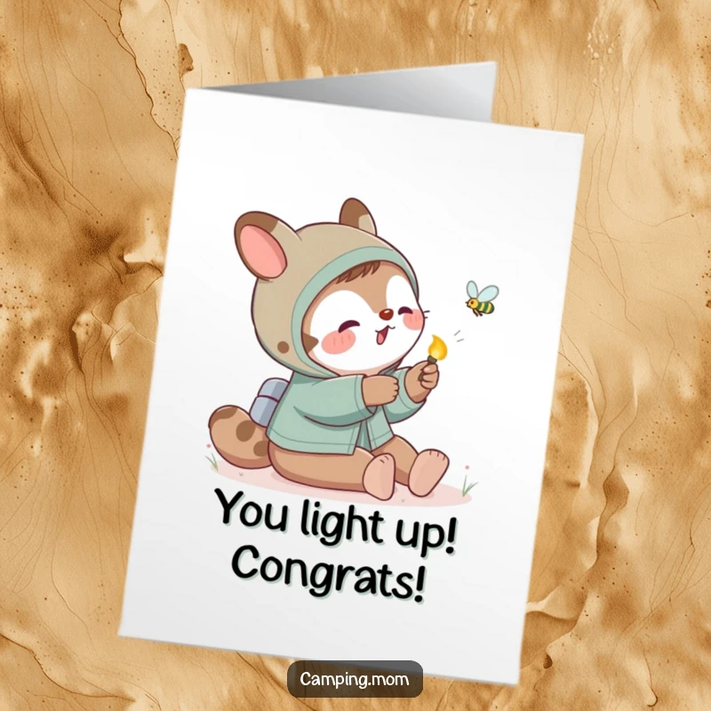 Funny Free Printable Congratulations Card: Camping mom animal playfully swats at a glowing firefly, celebrating a success with delight.