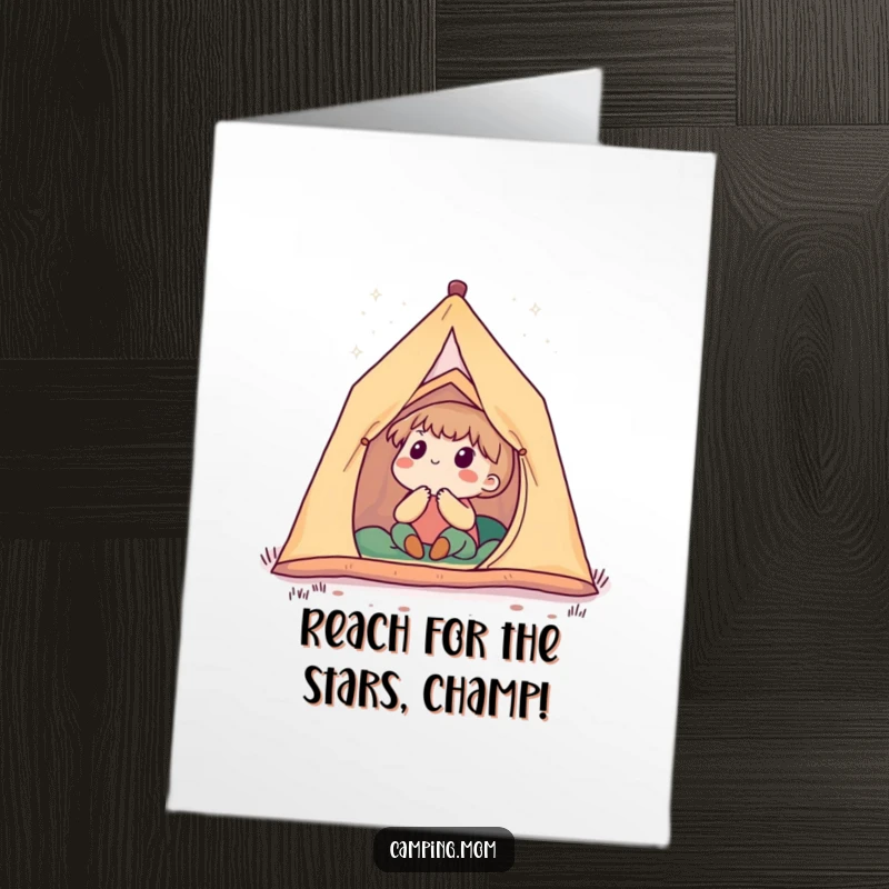 Funny Free Printable Congratulations Card: Cute camper marvels at the starry night sky, symbolizing new beginnings and achievements.
