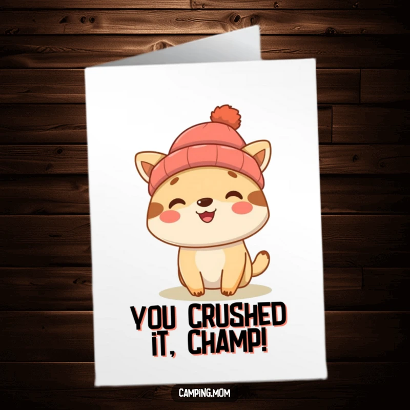 Funny Free Printable Congratulations Card with a happy camping animal sporting a beanie, perfect for celebrating any special event or success.