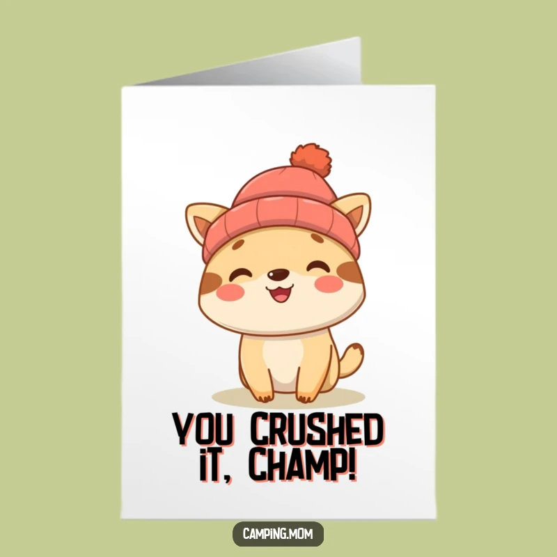 Free Printable Congrats Card: Cheerful Camping Animal Beanie Surprise Downloadable