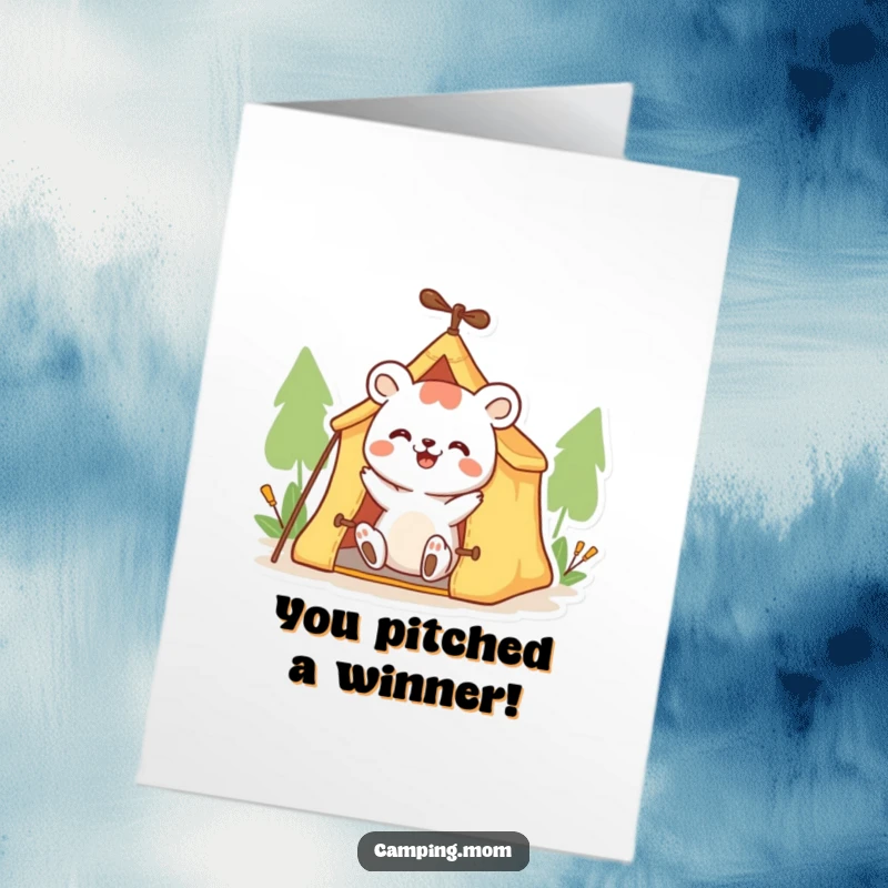 Funny Free Printable Congrats Card: Enthusiastic animal setting up a small tent with dedication, celebrating success, a funny downloadable.