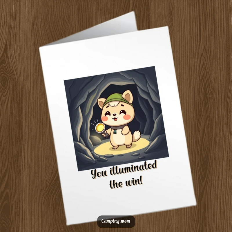 Funny Free Printable Congratulations Card: a giggling camping animal character holding a flashlight, exploring the depths of a cave.