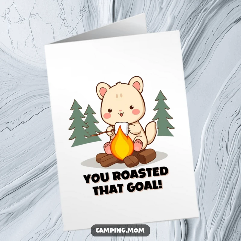 Funny Free Printable Congratulations Card with a happy camping animal character enjoying a s'more by a campfire.